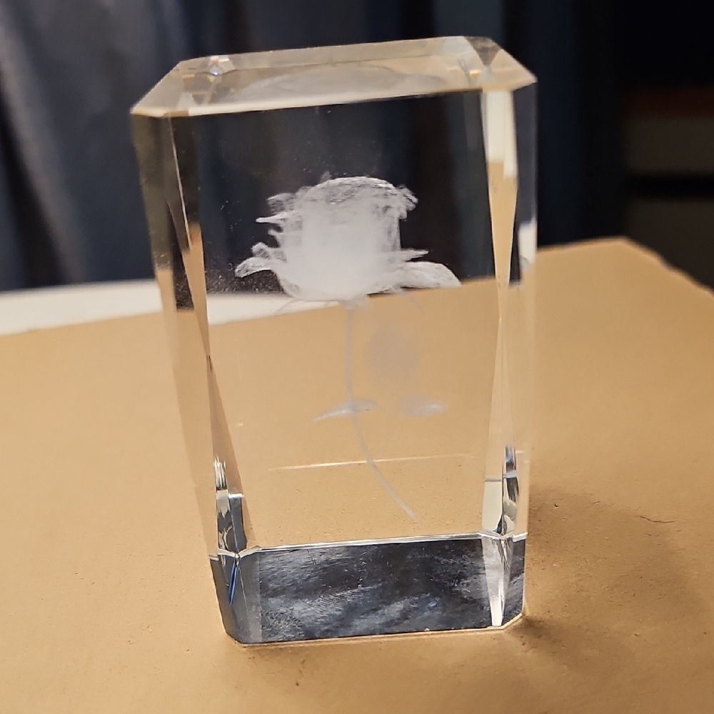 Glass Art Crystal Block with White Rose